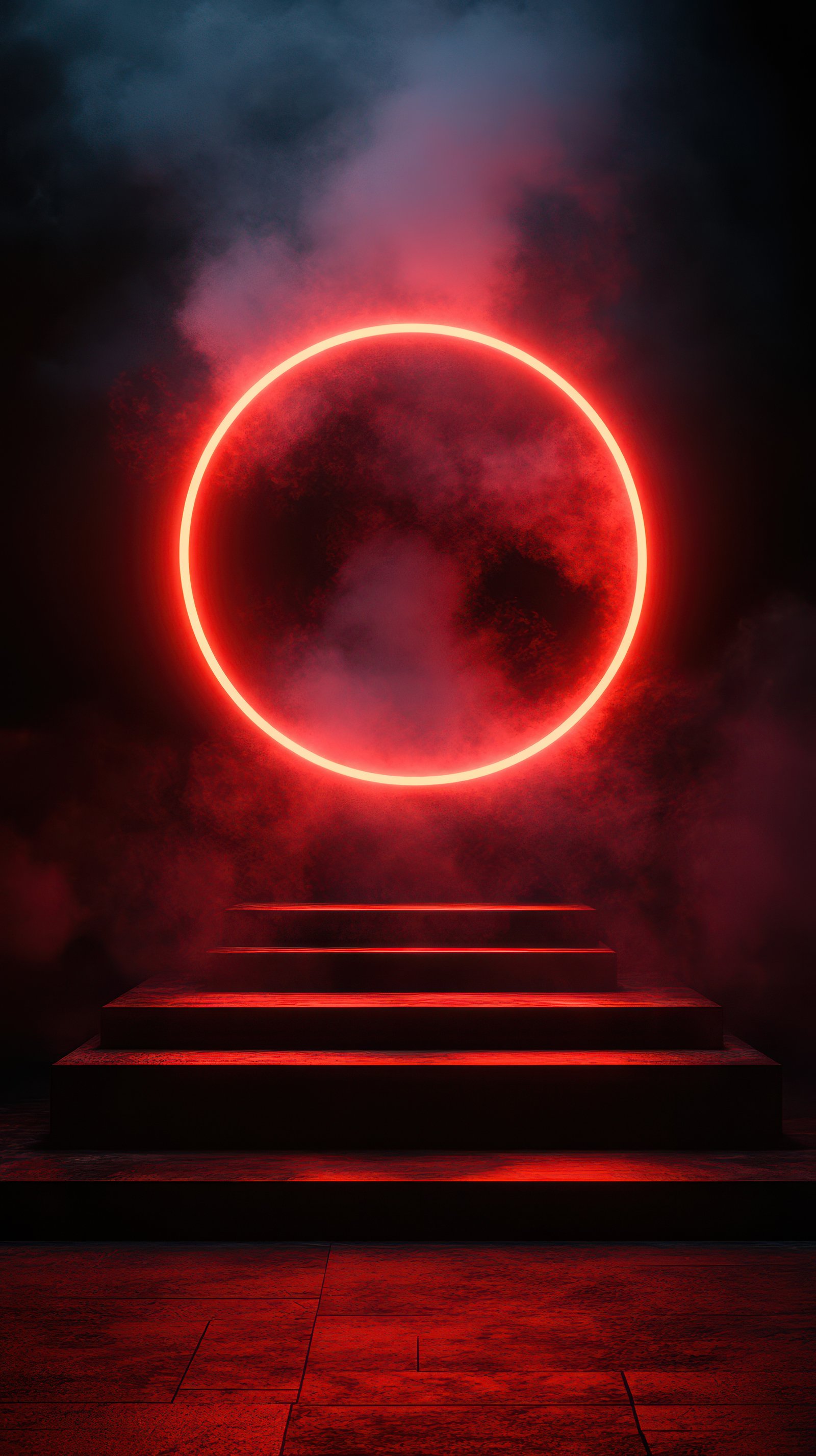 Vibrant red neon circle illuminates misty stage in an atmospheric setting